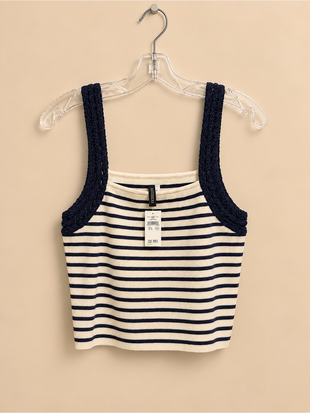 Aerie Striped Knit Crop Tank with Crochet Straps - Navy & Cream